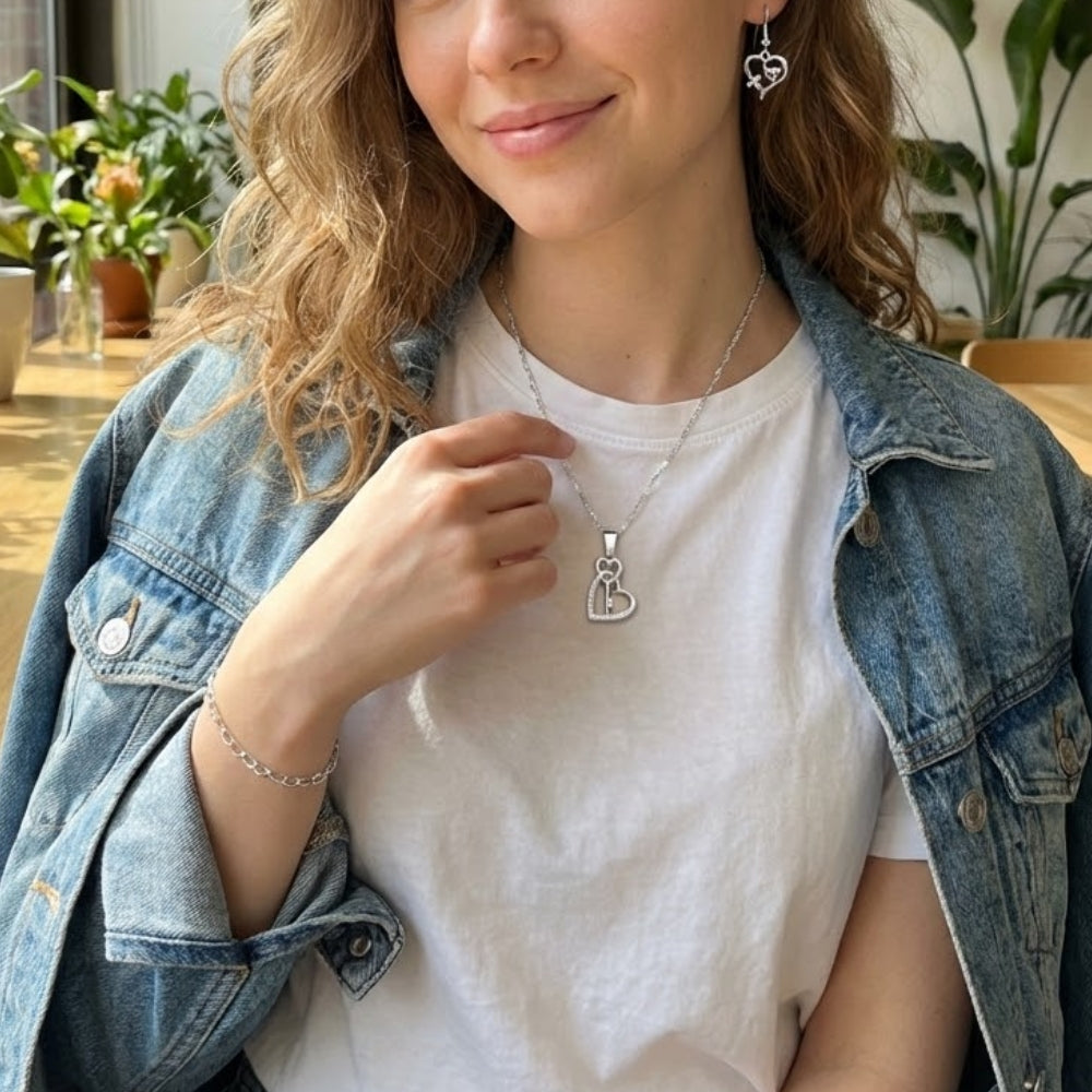 Conjunto Corazón Plata 925 | Aros, Collar, Pulsera